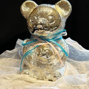 Silver Plated Piggy Bank Seated Bear Holding Teddy Pink + Blue Ribbons Gift New
